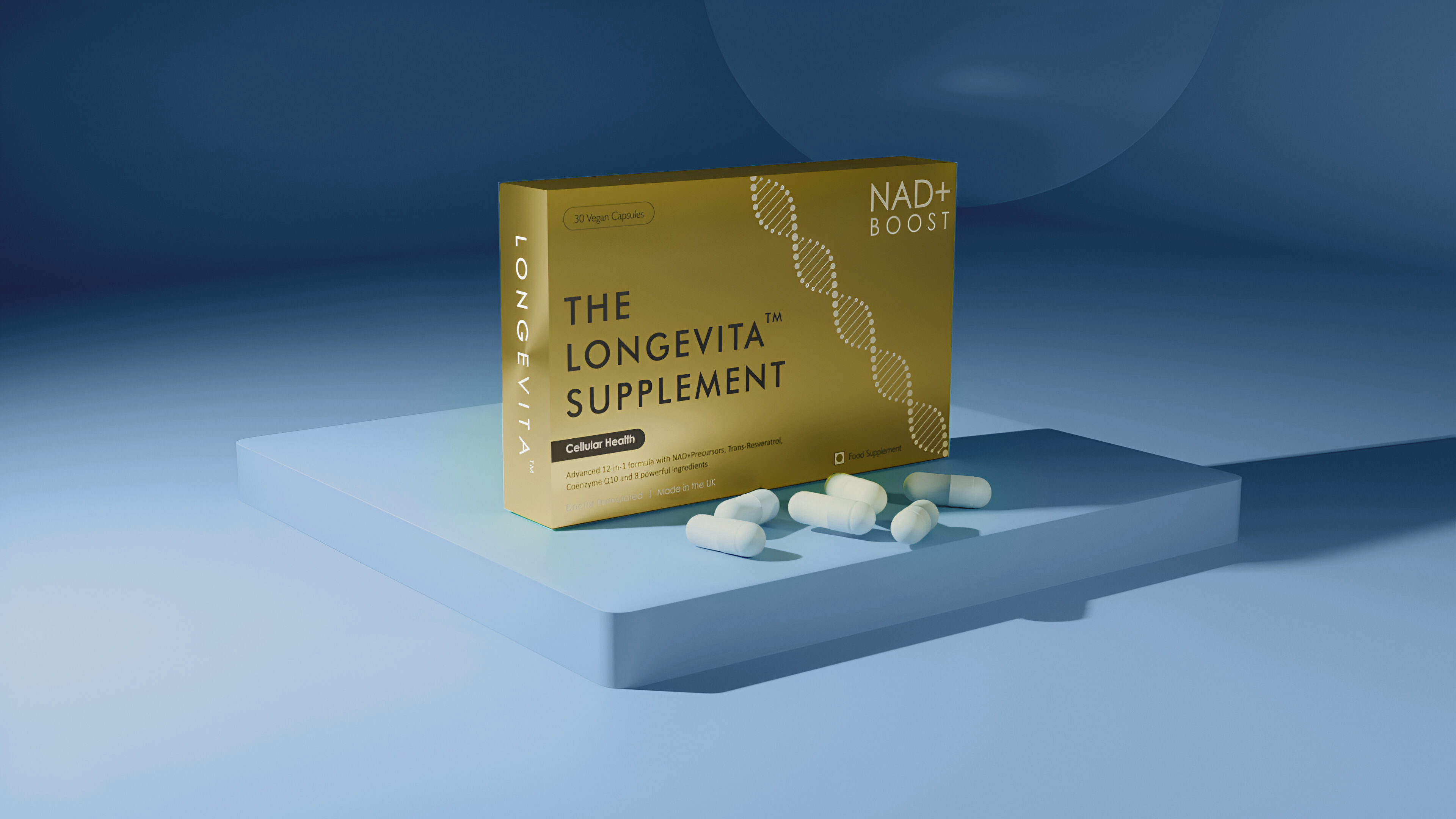 Longevita supplement box with pills on a blue platform