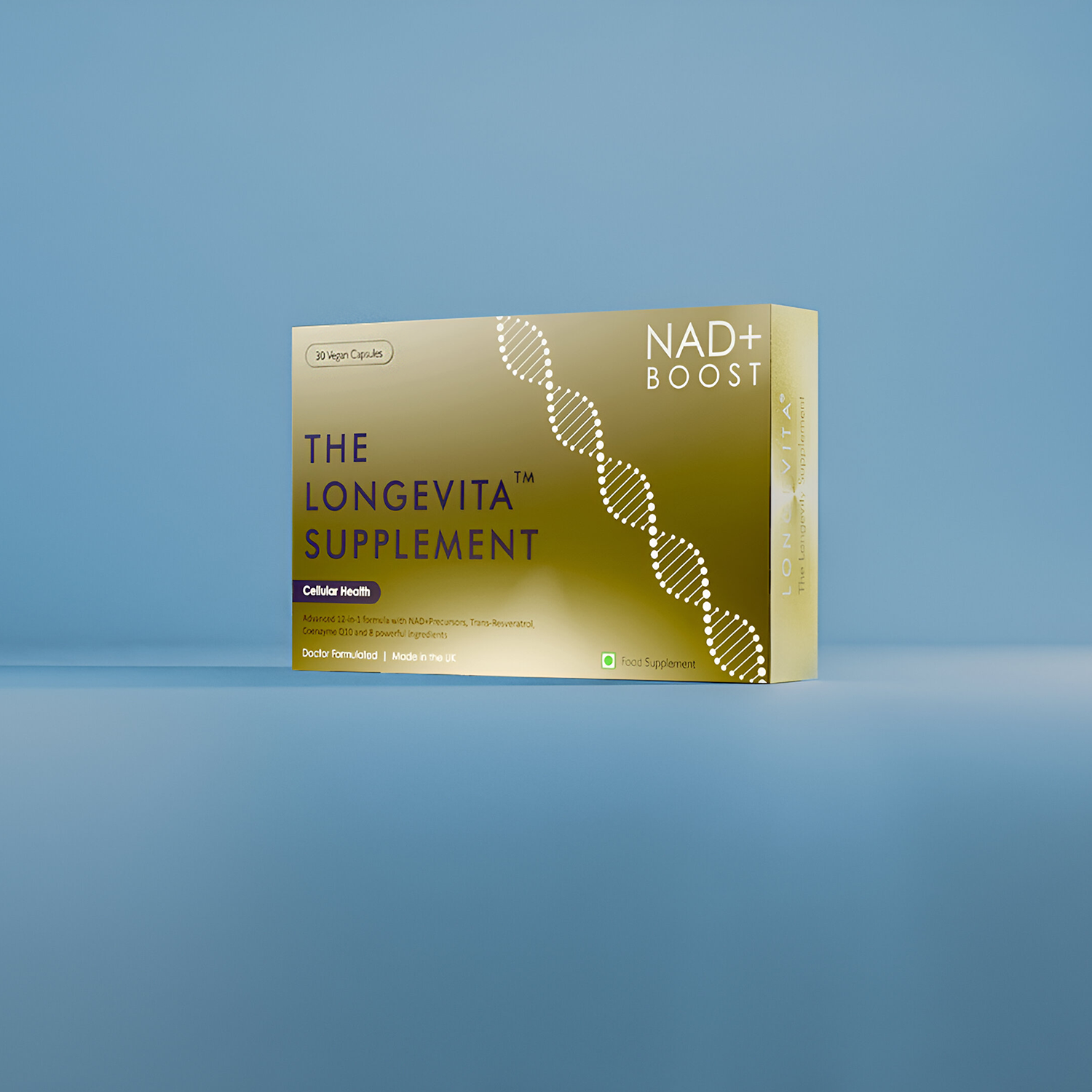 NAD+ Boost Longevita supplement box on a blue background