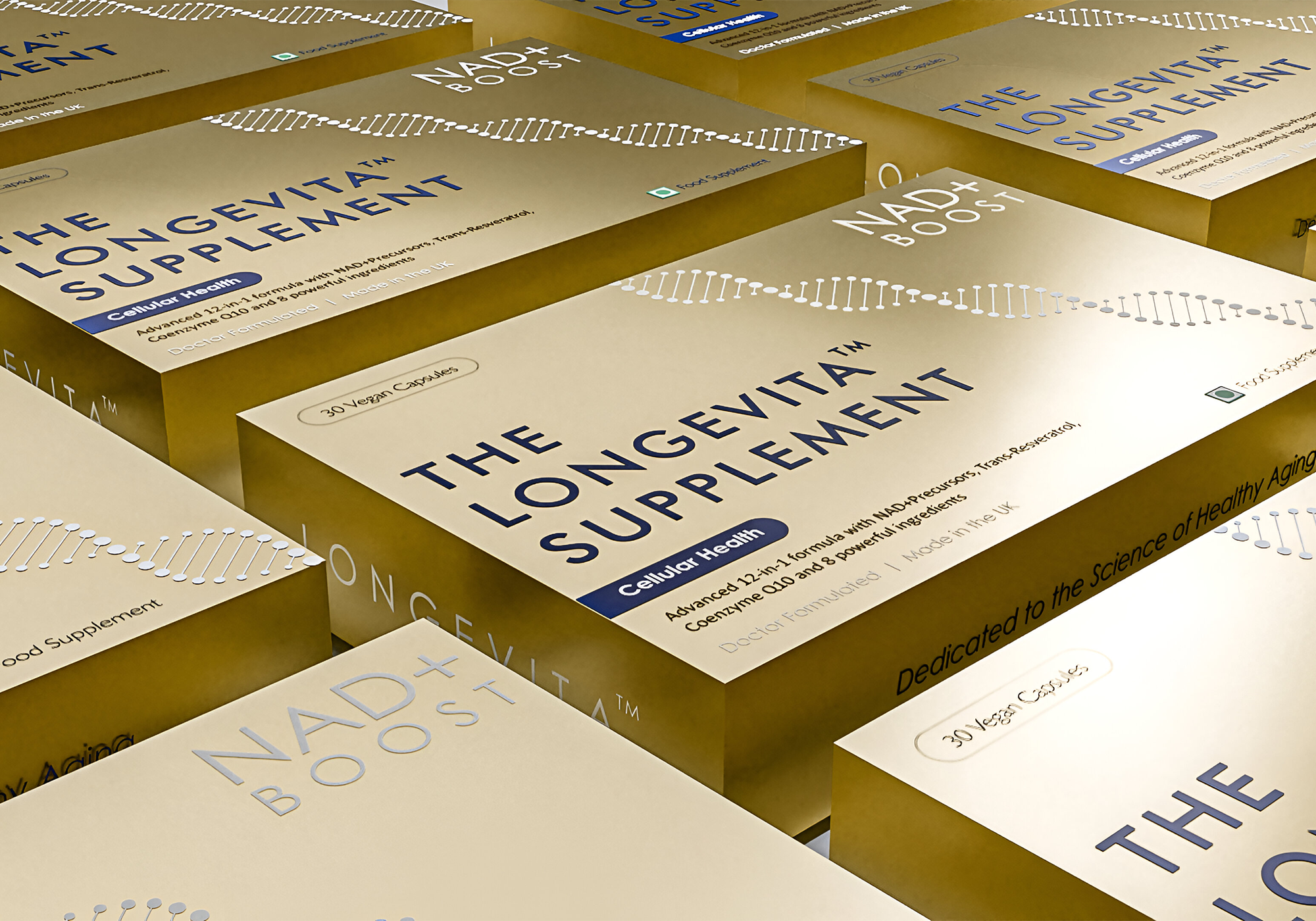 Multiple boxes of 'The Longevita Supplement' stacked together.