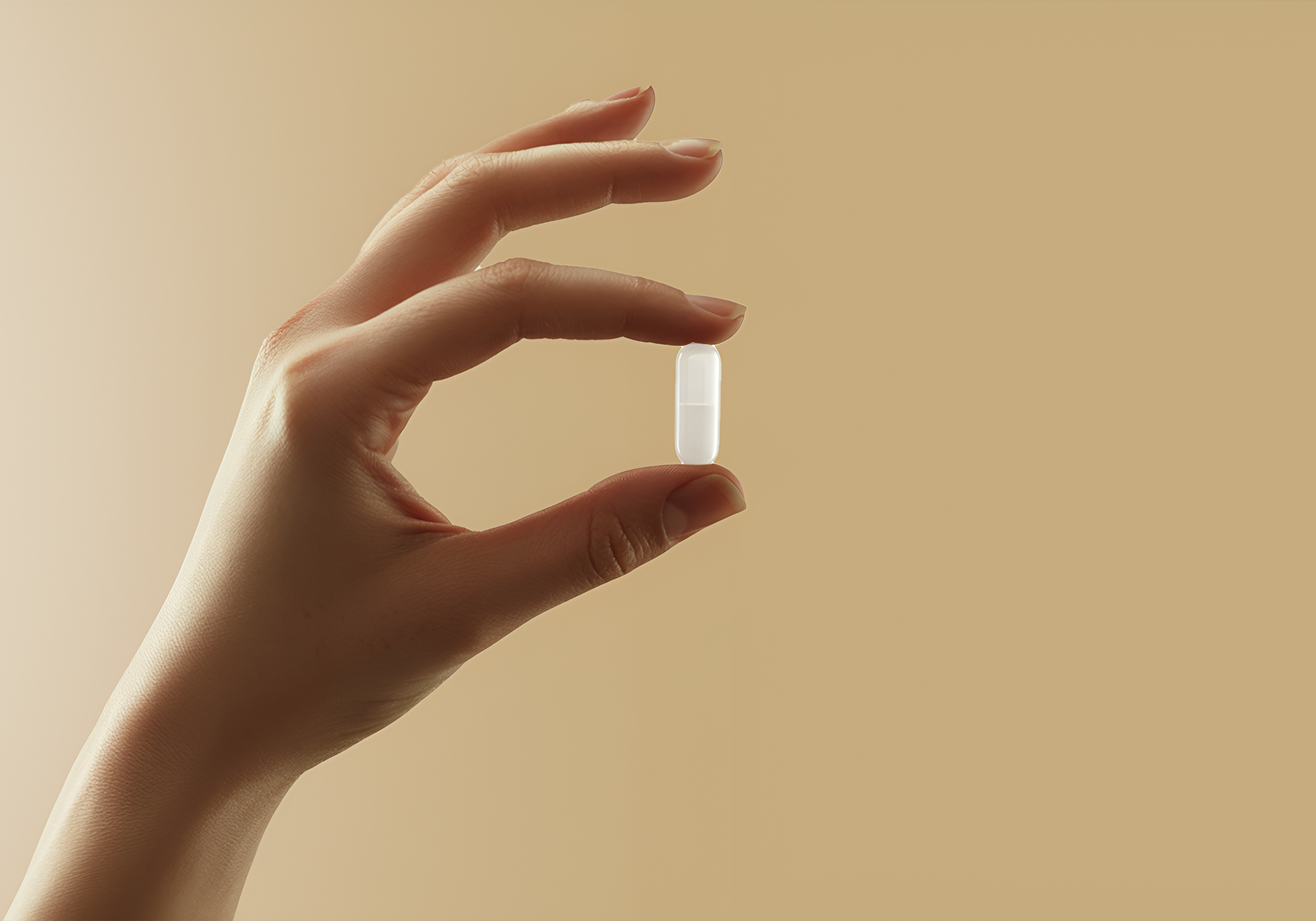 Hand holding a white Longevita pill against a beige background