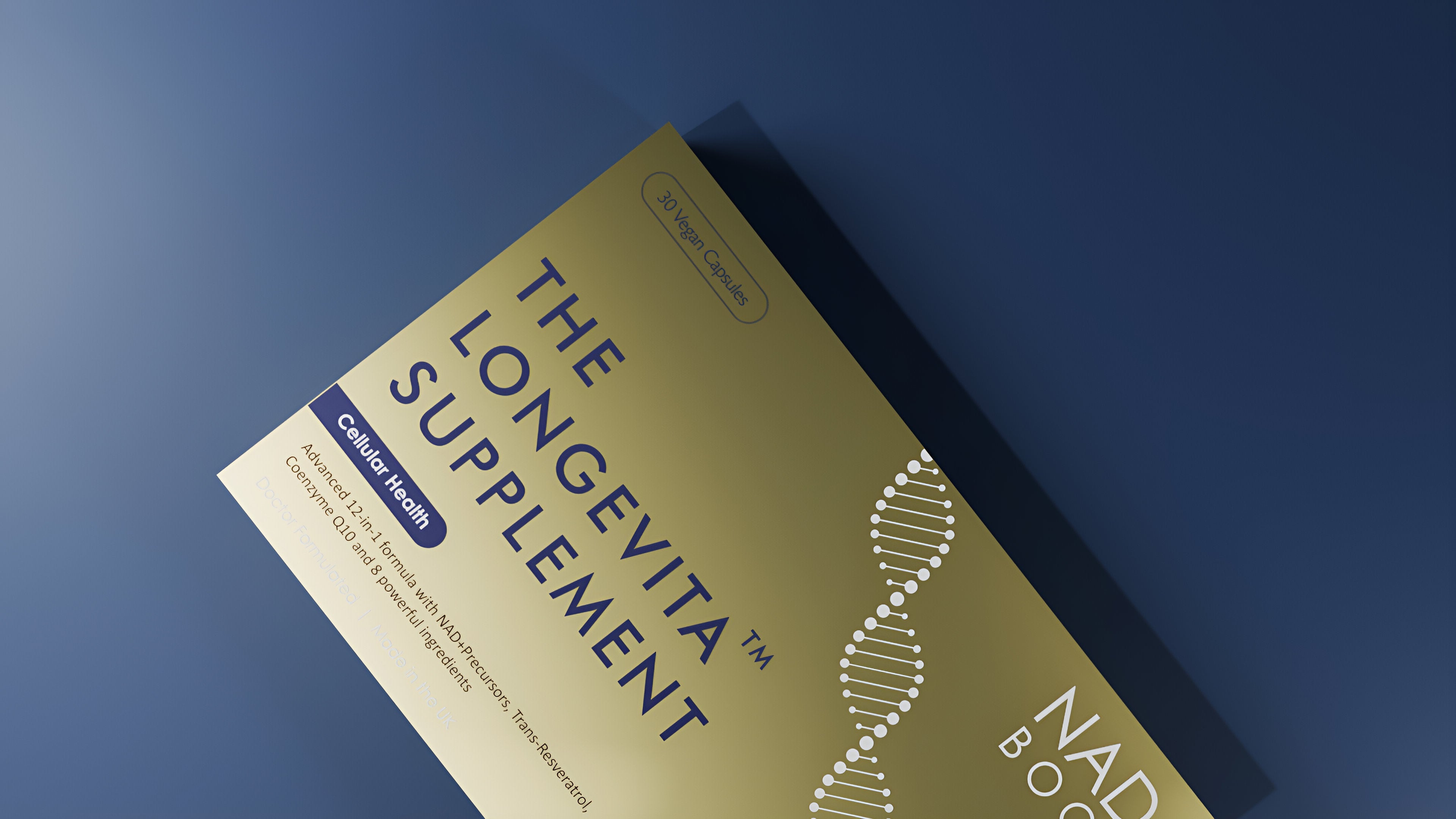 Longevity supplement packaging with text and a DNA strand graphic on a blue background