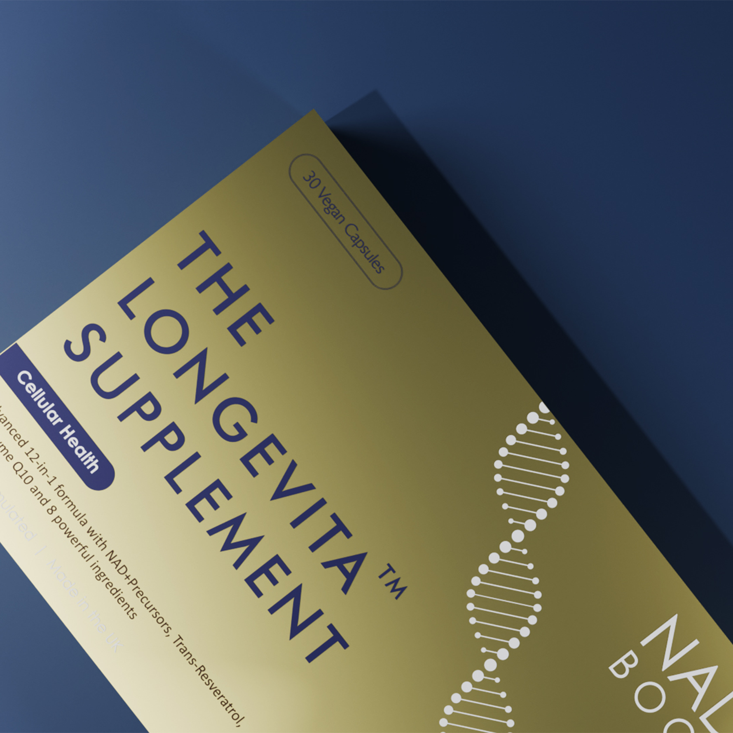Longevity supplement packaging with text and a DNA strand graphic on a blue background